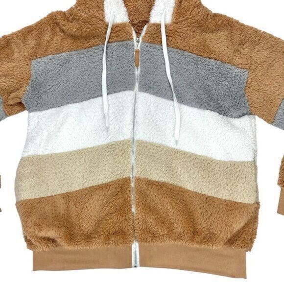 Womens XL Brown/Tan/Gray Stripe Colorblock Zip Front Cuddly Fuzzy Hooded Jacket - Picture 6 of 14